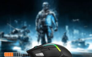 Gaming mouse with a gaming action in the background